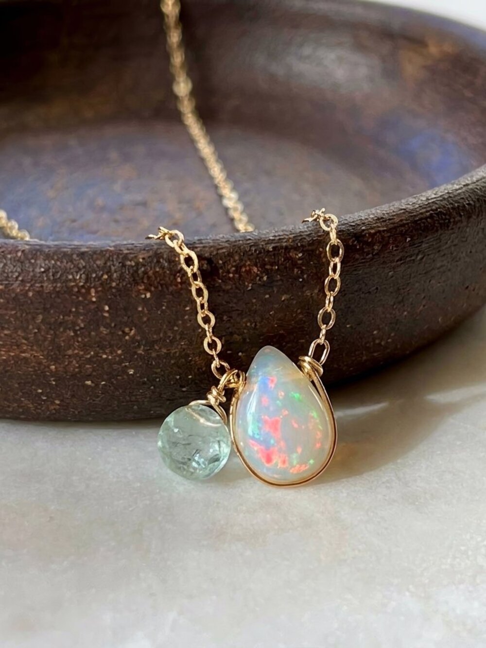 Gold Filled Opal and Aquamarine Layering Necklace